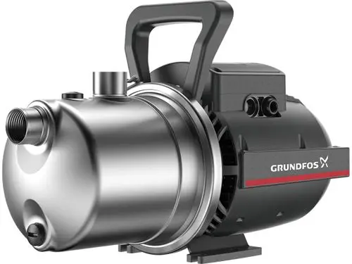 Einstufige Blockpumpe von Grundfos mit einem Gehäuse aus Edelstahl und einem Handgriff. Anschlüsse für Einlass und Auslass sind sichtbar. Kompakte Bauform für Gartenbewässerung.